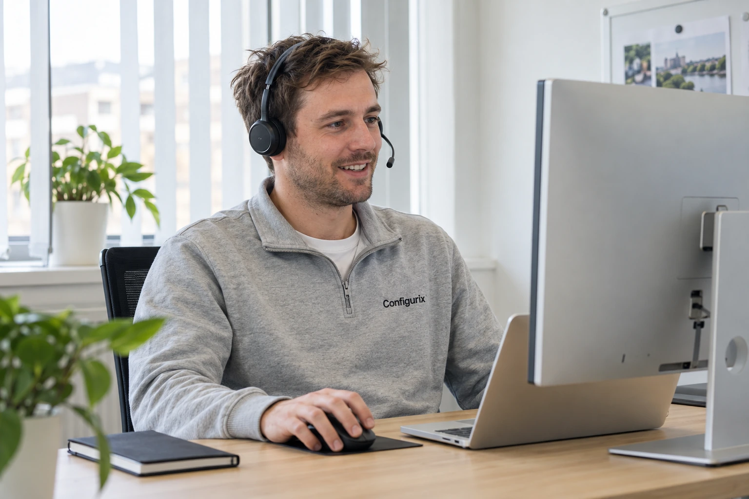 Illustrative Configurix specialist presenting an online demo from a bright office
