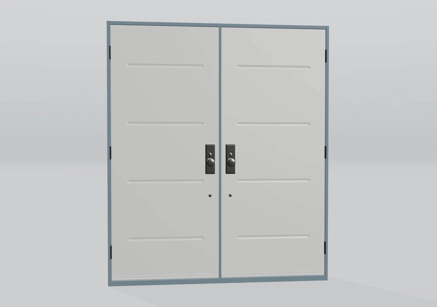 3D double door with horizontal grooves, a blue-gray frame and matching dark knob hardware.