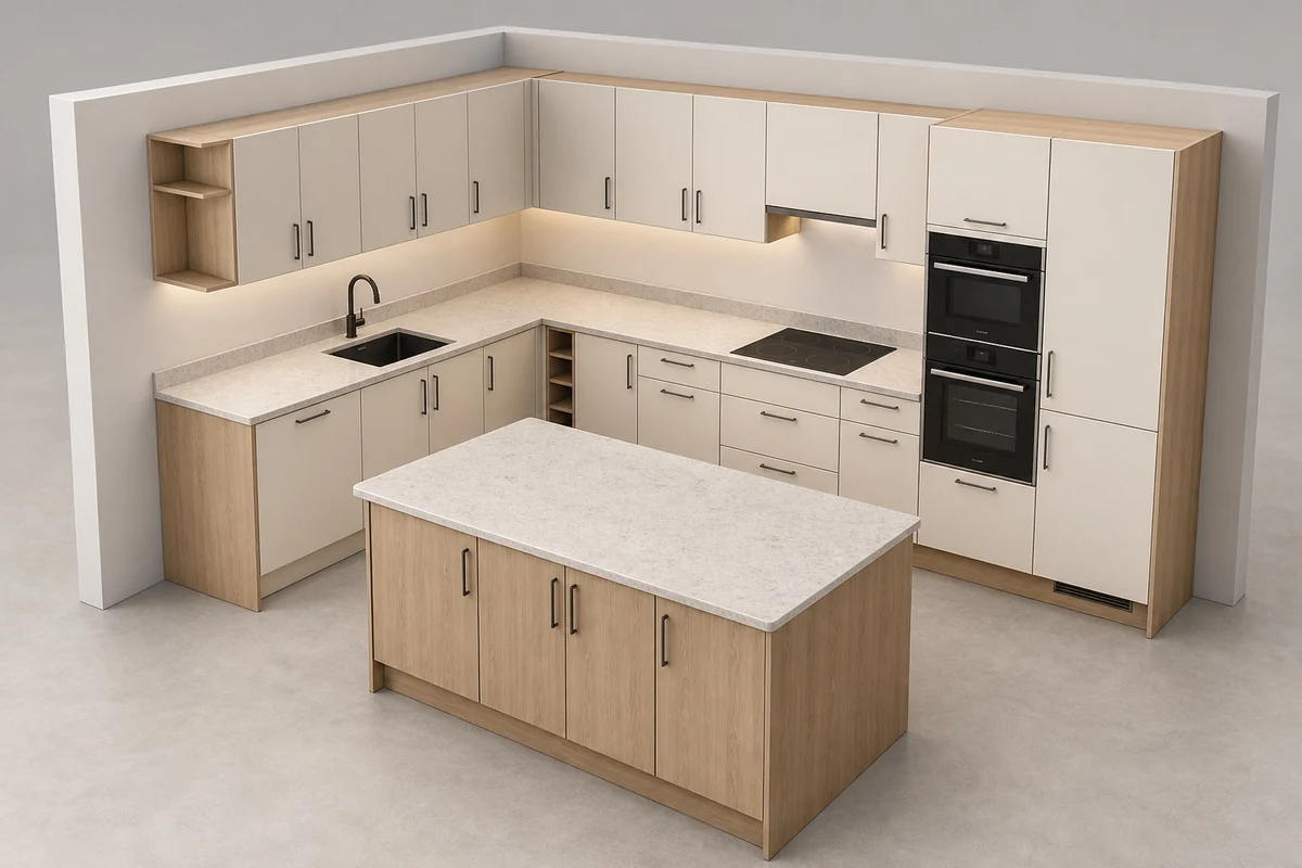 Kitchen configuration preview with cabinetry, appliances and material choices