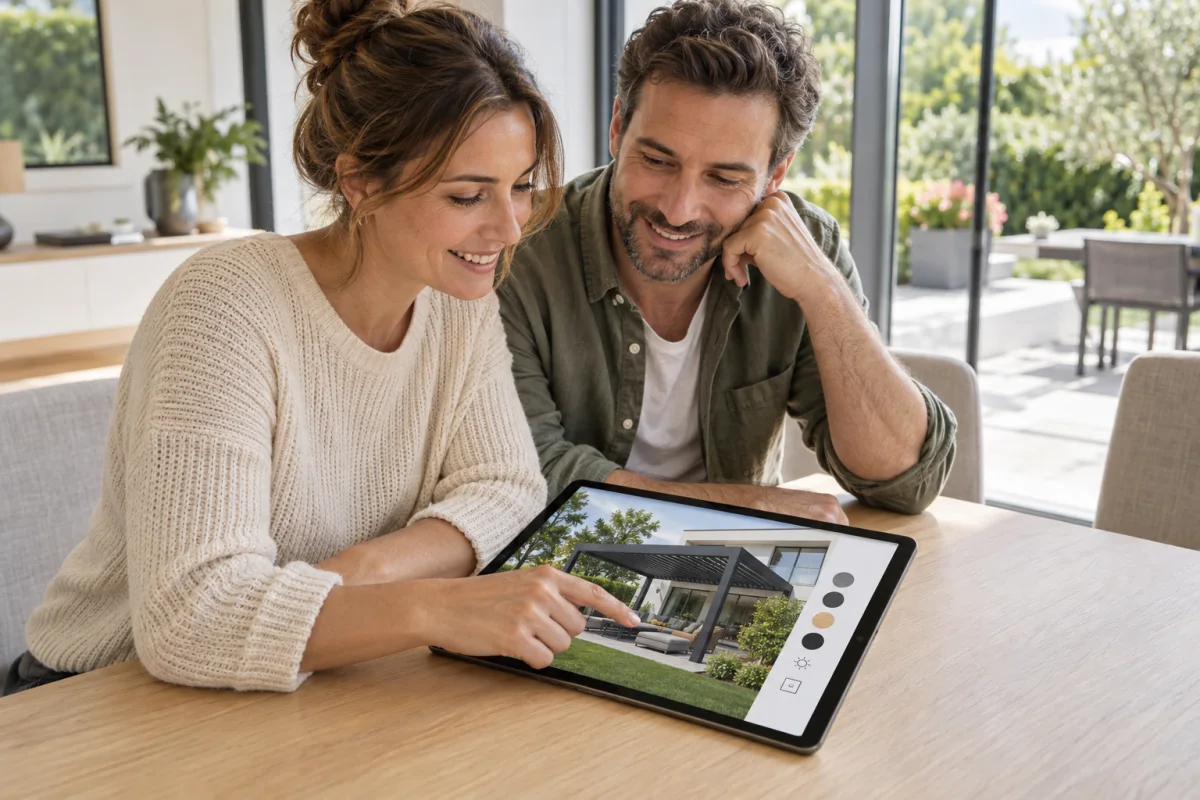 Illustration of happy customers choosing their pergola online with an interactive 3D configurator on a tablet.