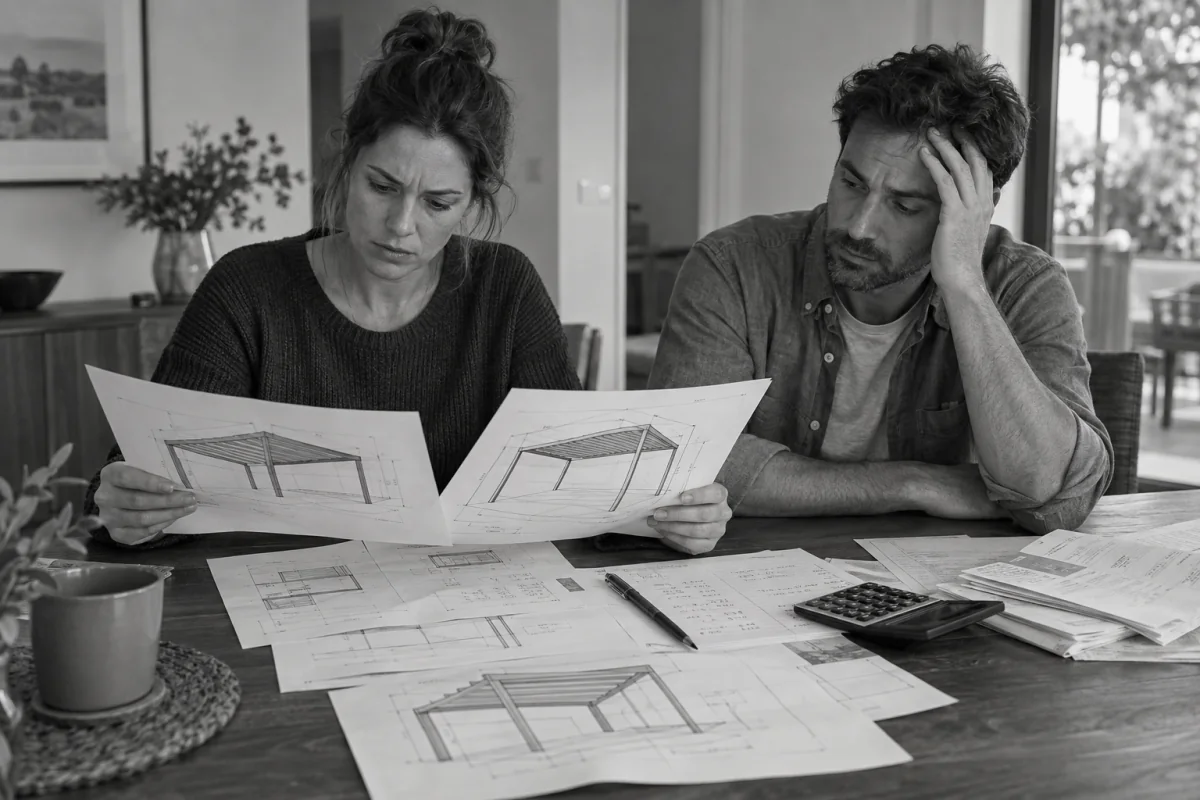 Illustration of frustrated customers comparing pergola drawings, paperwork and manual prices.