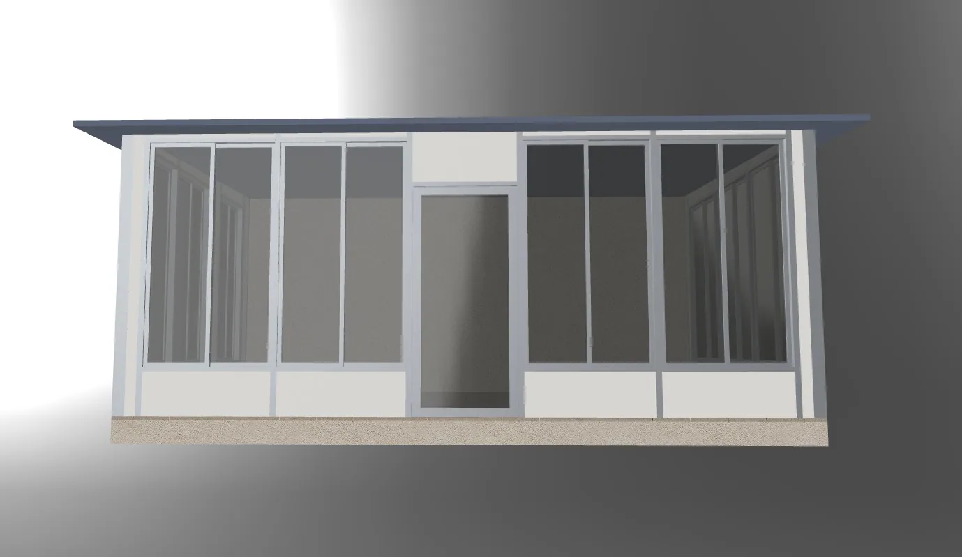 Front elevation of the sunroom model showing a central door, tall glazed panels and solid lower panels.