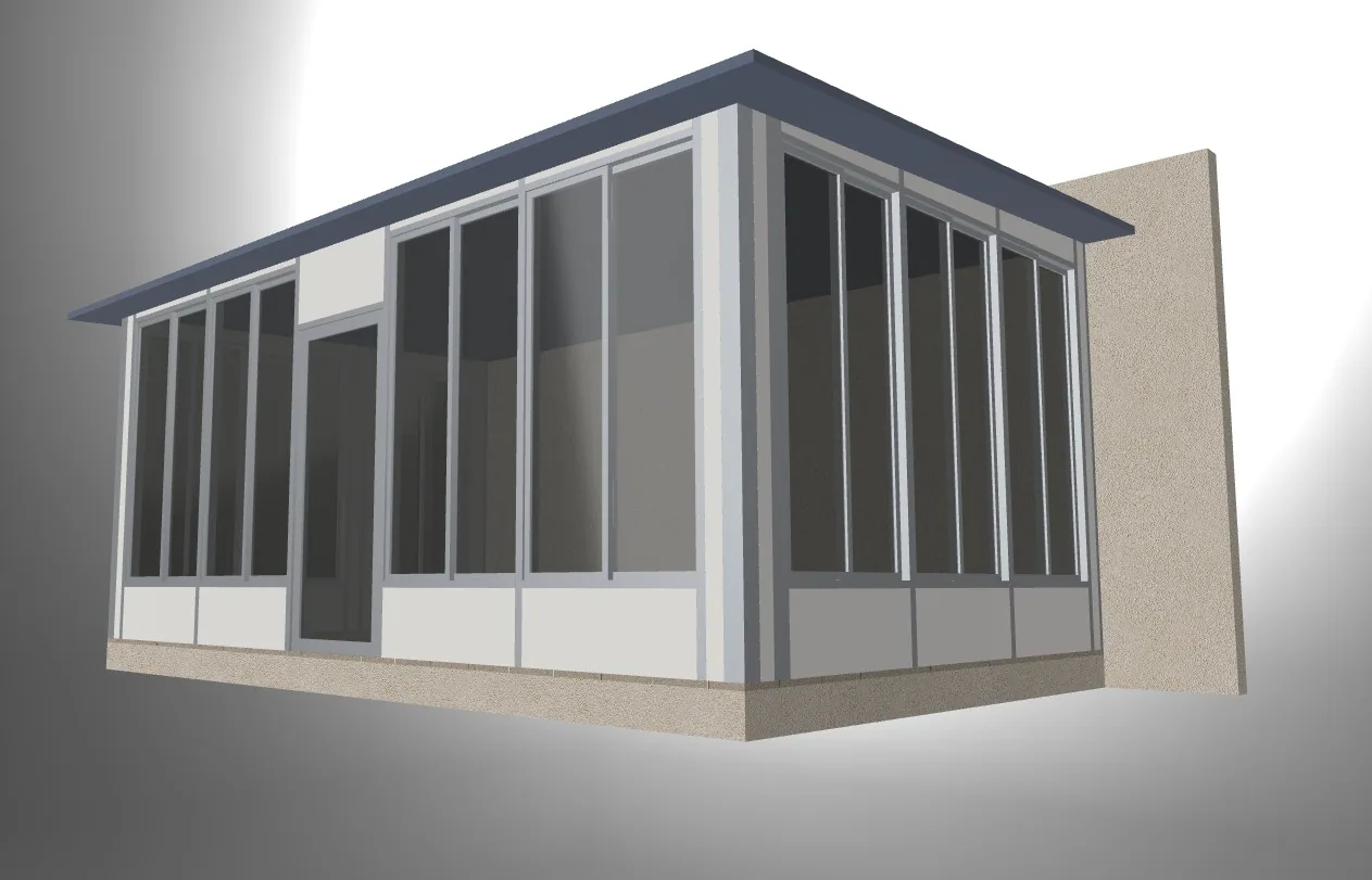 Low corner view of the sunroom model showing the front entrance, glazed walls and gray corner frame.