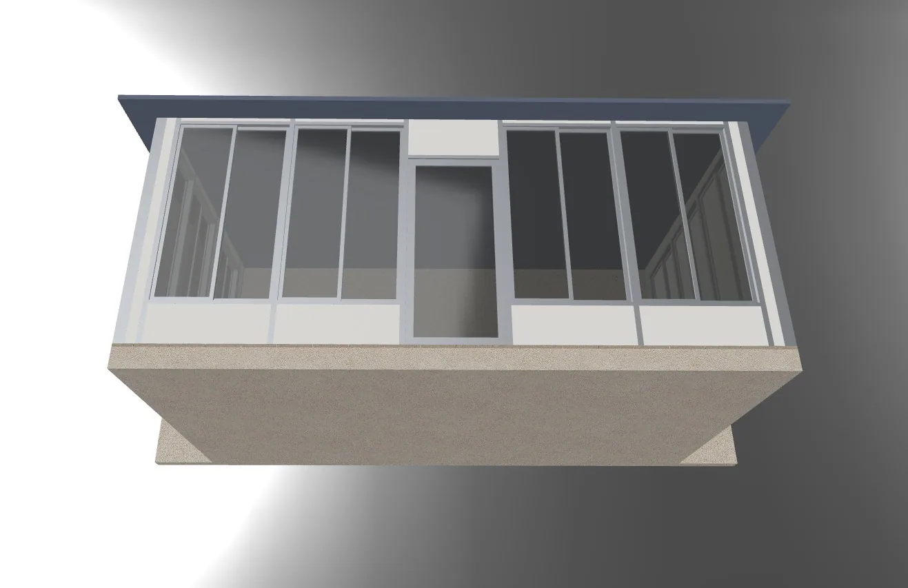 Sunroom model viewed from below the front elevation, showing its entrance, glazed panels and base.