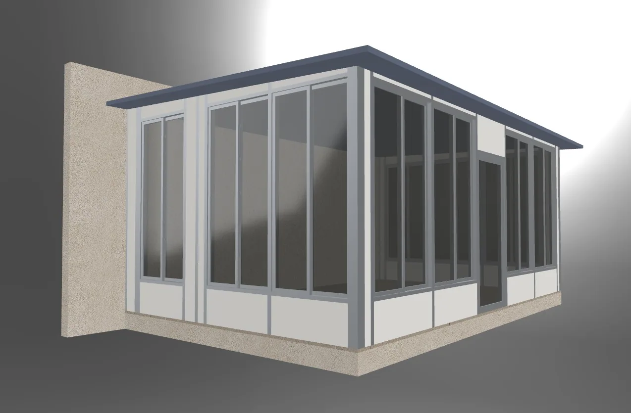 Opposite corner of the sunroom model showing two glazed elevations, the front entrance and roof overhang.