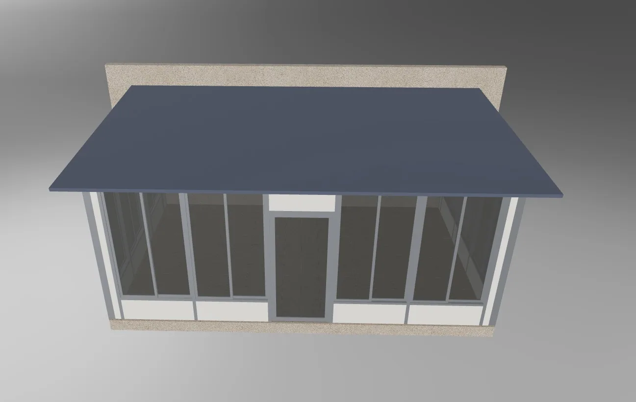 High front view of the sunroom model showing the complete solid roof, front door and glazed side walls.