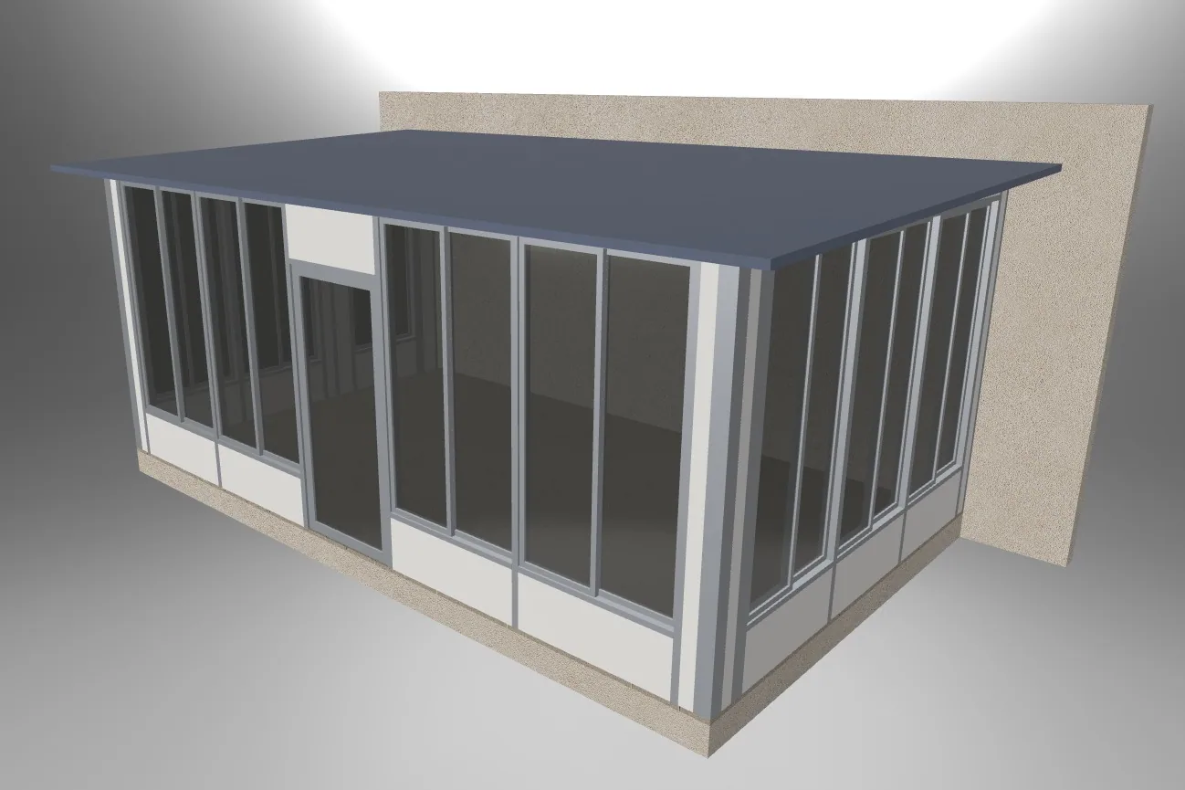 Elevated corner view of the sunroom model showing the solid roof and its connection to the rear wall.