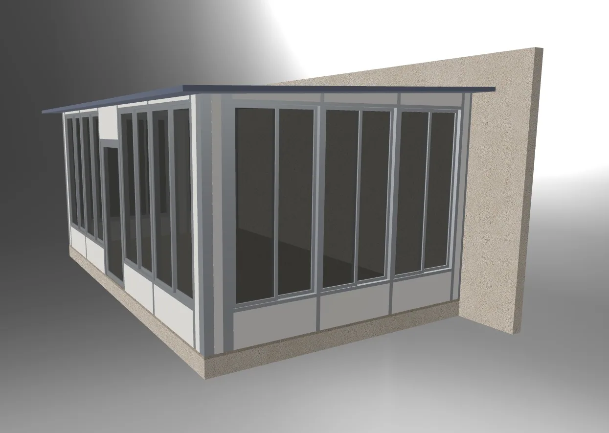Side view of the sunroom model showing the framed glazing, lower infill panels and rear wall.